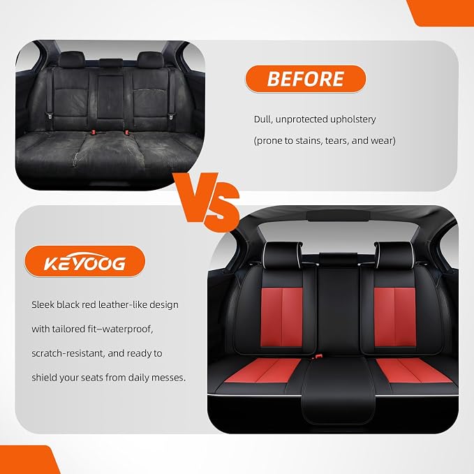 5-Seater Car Seat Covers Full Set, Fit for Front and Rear Seats of Cars, Waterproof and Breathable Nappa Leather, Compatible with Airbags, Car Seat Protector Covers for Most Cars - Black Red