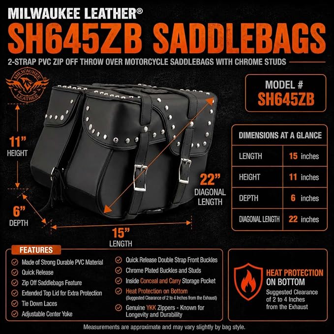 Milwaukee Leather SH645ZB Black 2-Strap PVC Zip Off Throw Over Motorcycle Saddlebags with Chrome Studs - One Size