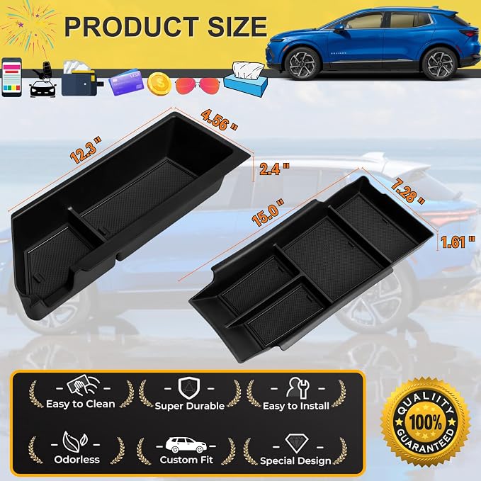 2 Pack Center Console Organizer for 2026 2025 2024 Chevy Equinox EV LT/RS Interior Accessories - Lower Center Console Organizer Tray& Armrest Storage Box - ABS Plastic, Black