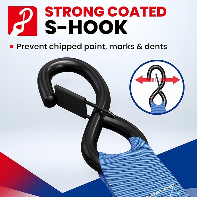 MOCA Blue Heavy Duty Ratchet Tie Down Straps - 5,200 Lbs Breaking Strength 1.6" x 8', Includes 4 Heavy Duty Ratchet Padded Handles & Coated Chromoly S Hooks & 4 Soft Loop Tie-Downs