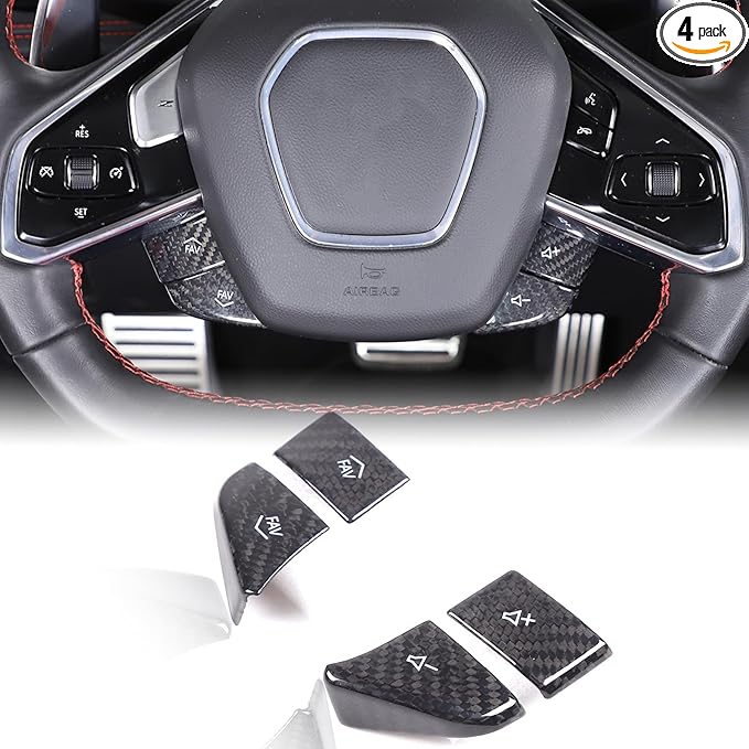 Dry Carbon Fiber Central Control Steering Volume Button Cover Compatible with Corvette C8 2020-2025 Accessories 4Pcs Center Consoles Steering Button Panel Sticker Decorative Interior Trim (Black)