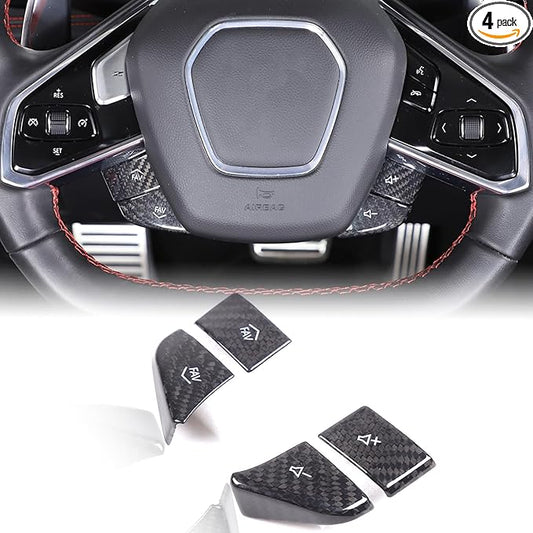 Dry Carbon Fiber Central Control Steering Volume Button Cover Compatible with Corvette C8 2020-2025 Accessories 4Pcs Center Consoles Steering Button Panel Sticker Decorative Interior Trim (Black)