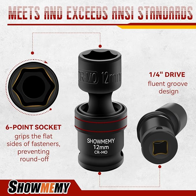 Drive Impact Universal Joint Socket Set, 6 Points, Shallow Swivel Socket Set, Cr-Mo Steel. Flexible Wobble Sockets with 3", 6" Extension Bar, Adapter(Metric 1/2(18 PCS)