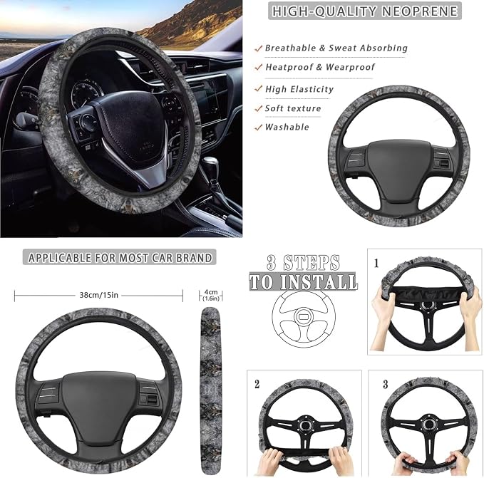 Gray Wolf Pattern 10 Pieces Car Accessories, Auto Seat Covers Full Set Steering Wheel Cover Cup Holders Car Garbage Can Air Vent Storage Bag Keychains Universal Fit for Most Cars