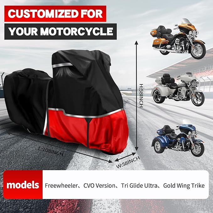 420D Motorcycle Cover for Trike Models Freewheeler, Tri Glide Ultra and CVO Version, All Weather Outdoor Protection, Tear-Resistant Heavy Duty Waterproof Trike Cover for Snow Rain Wind Dust Protection