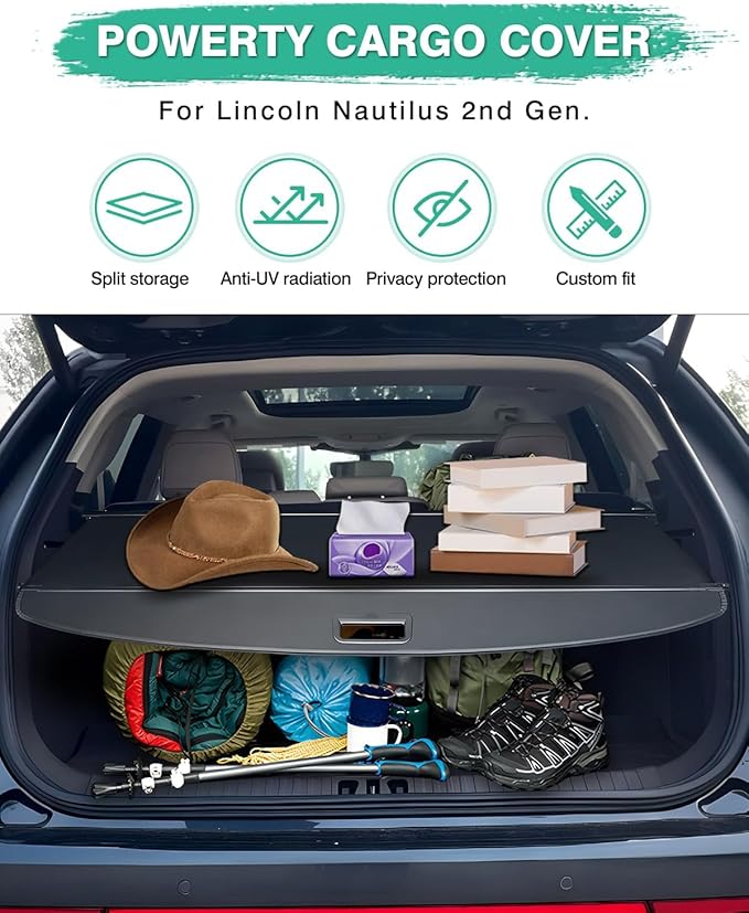 Powerty Retractable Cargo Cover for 2024-2026 Lincoln Nautilus-Canvas Texture Trunk Cover Privacy Screen Rear Security Shade for Nautilus Accessories