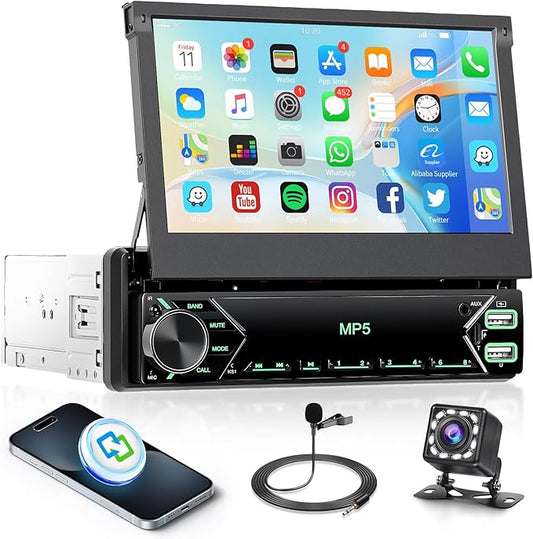 7 Inch Flip Out Touchscreen Car Stereo-Single DIN with Bluetooth 5.0, Mirror Link, Backup Camera & Type-C Fast Charging | Compatible with Most Vehicles