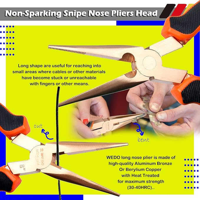 WEDO Non-Sparking 8" Needle Nose Pliers, Long Nose Pliers with Wire Cutters, Used for Cutting Clamping Pinching Jewelry Making, Non-Magnetic, DIN Standard, BAM & FM Certificate, Beryllium Copper