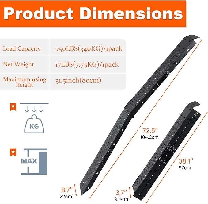 72.5" Heavy Duty Folding Loading Ramps with Sandblasted Finish, 1500lb Capacity, Ideal for Motorcycles, Lawn Mowers, ATVs, UTVs, and More – Pack of 2 with Safety Straps and Gloves