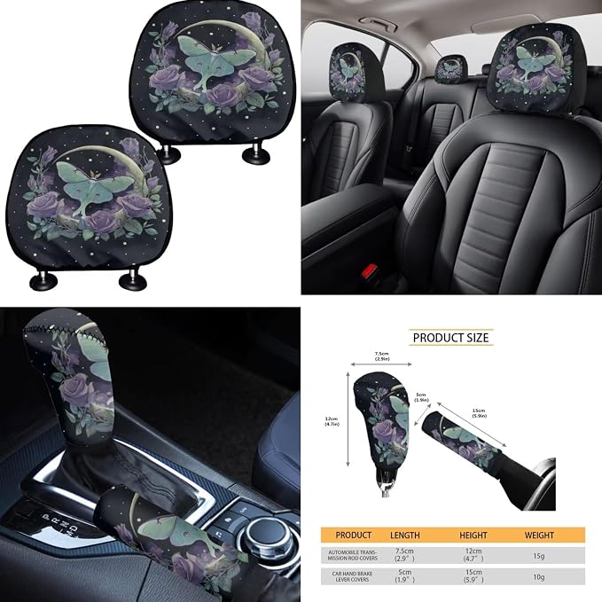 Moth Moon Car Seat Covers Full Set 15 Pcs Universal Car Accessories Steering Wheel Cover Seat Belt Pads Garbage Bag Car Headrest Pillow Covers Armrest Pad