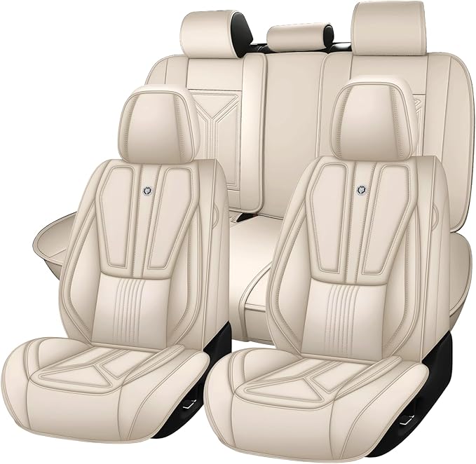 Arazi Fit for 90% of Mercedes-Benz Seat Covers, 360° Full Wrap Original Seat Cover, Waterproof Nappa Leather Seat Covers with Big Space Storage Pocket Seat Protector（5 Seats Standard, Beige）
