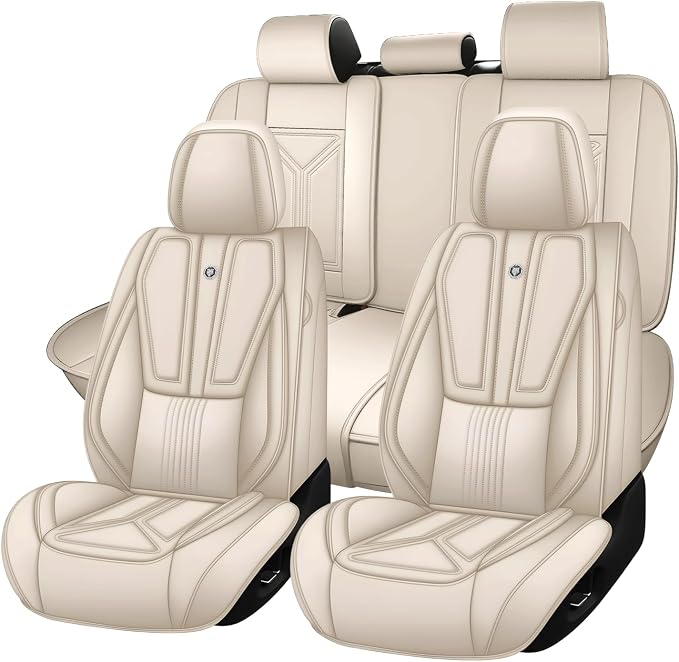 Arazi Fit for 98% of Mazda Seat Covers, 360° Full Wrap Original Seat Cover, Waterproof Nappa Leather Seat Covers with Big Space Storage Pocket Seat Protector（5 Seats Standard, Beige）