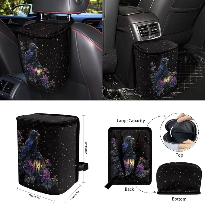Floral Raven Car Aaccessories Full Set of 15 Pcs, Goth Car Seat Covers Set with Rear View Mirror Cover,Steering Wheel Covers,Car Trash Can with Lid for Women Man,Universal Fit