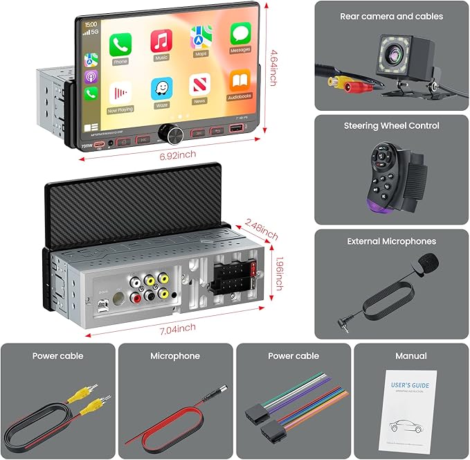 7“Single Din Radio with Apple CarPlay & Android Auto, UHD Single Din Touchscreen Car Radio, Car Stereo with 1080P Backup Camera, Mirror Link, Bluetooth 5.3, GPS, AM&FM, Fast Charging, EQ, SWC