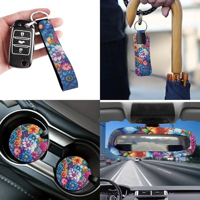 Colorful Flowers 12 Pack Automobile Seat Cover Set Car Steering Wheel Cover Seat Belt Cover Car Trash Can Coasters Decor Accessories Fit Most Cars, Truck, SUV, or Van