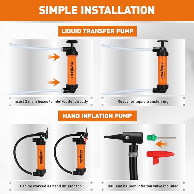 HORUSDY Multi-Use Siphon Transfer Pump Kit Hand Fuel Pumps for Gas Oil Water with Air Hose, Portable Manual Fuel Transfer Pump for Boat, Car, RV, Emergency, Lawn Mower Fluid Drainage