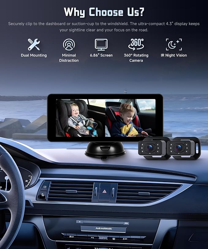 Rear Seat Baby Car Camera for Backseat HD-Rear-Facing CarBaby Monitor Night Vision, Adjustable View Angle, Easy Setup,360°Rotatable Camera, Safety for Kids 6.86“ IPS car Baby Monitor Split Screen