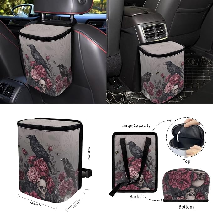 15 Pcs Rose Skull Car Seat Covers Full Set for Women Goth Raven Car Accessories Interior Car Steering Wheel Cover Seatbelt Covers Trash Bin Rear View Mirror Cover Cup Holders Keychain