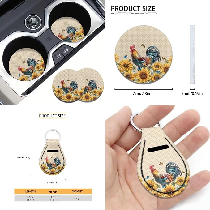 Suobstales Rooster Chicken Sunflower Print Car Seat Covers Full Set Interior Accessories Bucket Seat Cover Rear Split Bench Protection with Steering Wheel Covers,Coaster,Keychains Fits Most Vehicles