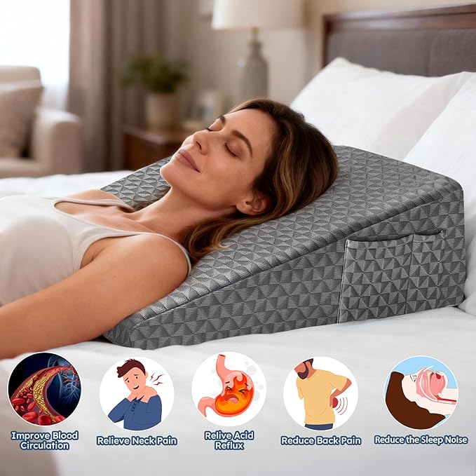 Wedge Pillow 7.5" Bed Wedge After Surgery, Back Pain Relief, Memory Foam Pillow Triangle Incline Wedge for Back Support, Leg Elevation（Grey）
