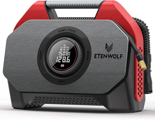 ETENWOLF Vortex S6SE Cordless Tire Inflator Portable Air Compressor, 160 PSI Air Pump for Car Tires with 15600 mAh Battery, 100% Duty Cycle & Dual Cylinder, Air Pump for Heavy-Duty Vehicle, Red