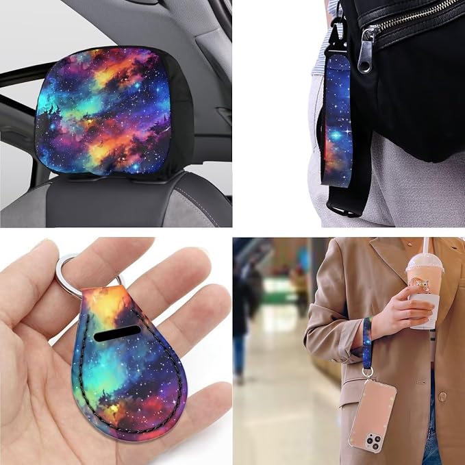 Starry Sky Rainbow Print 13 Piece Car Seat Covers for Women Universe Outer Space Pattern Steering Wheel Cover Cup Coasters Seat Belt Pads Cover