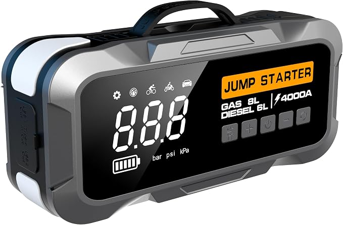 4000A Car Jump Starter with Air Compressor 150PSI Tire Inflator — 12V Portable Battery Booster Power Pack 20000mAh — Emergency Jump Box for 10L Gas 8L Diesel Engines with LED Light USB Charger