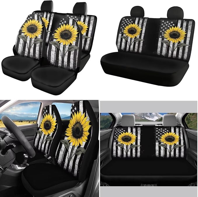 POLERO American Flag Sunflower Seat Cover for Cars Patriotic Car Accessories 11pcs Sets with Steering Wheel Cover/Seatbelt Pads/Coasters/Keychains