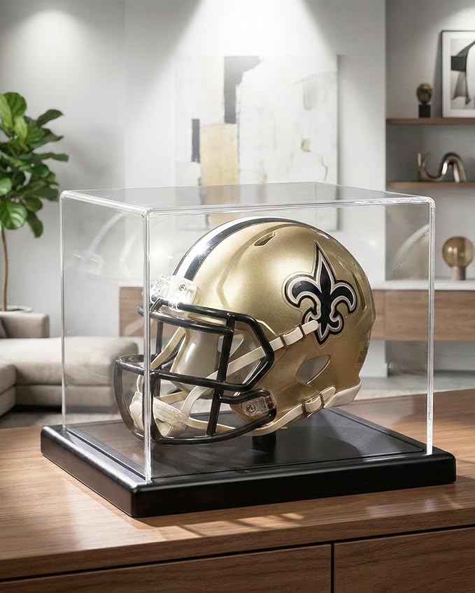 Mini Helmet Display Case with Solid Wood Base - Floating Design Clear Fully Assembled Acrylic Box for 1:2 Scale Football Helmets, Dustproof Memorabilia Showcase (Dark Walnut)