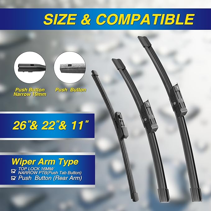5 PLUS® Silicone Windshield Wipers Replacement for 2018-2024 VW Volkswagen Atlas Wiper Blades(Set of 3),Automotive Replacement Windshield Wiper Blades For My Car-26"/22"/11"