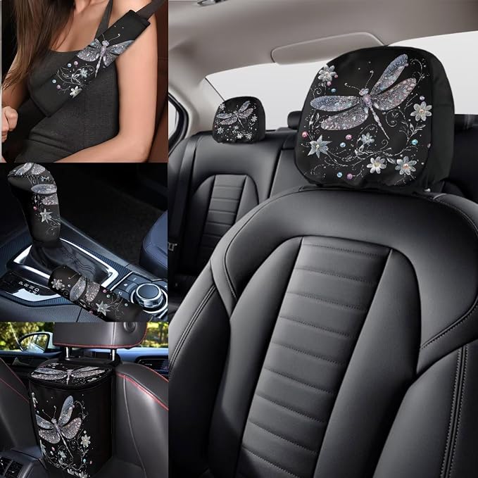 Dragonfly Car Seat Covers Full Set 17 Pieces for Women Dragonfly Car Accessories with Steering Wheel Auto Covers,Car Headrest Cover,Auto Trash Can Bin for Back Seat Leak Proof,Universal Fit