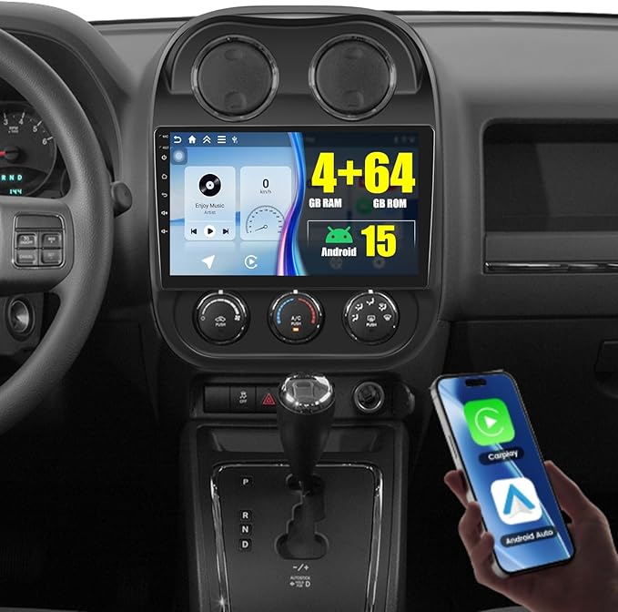 [4+64G] for Jeep Compass Patriot 2010-2016 Android 15 Car Stereo, Hikity 10'' in-Cell Touchscreen Compass Radio Wireless Carplay Android Auto 5G WiFi Bluetooth Mirror Link GPS SWC FM/RDS/EQ Backup Cam