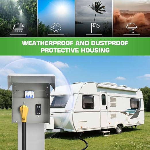 50/20 Amp RV Outlet Box with Breaker, Weatherproof Outdoor Temporary RV Electrical Panel for RV Camper Car Travel Motorhome Construction Site