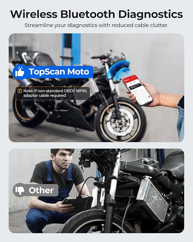 Motorcycle Scanner Bluetooth TOPDON TopScan, Motorcycle Scan Tool Fits for Harley, Ducati, BMW & Japan Brands, All Systems Motorbike Scanner Tool with Reset Functioan, Data Stream, AutoVIN