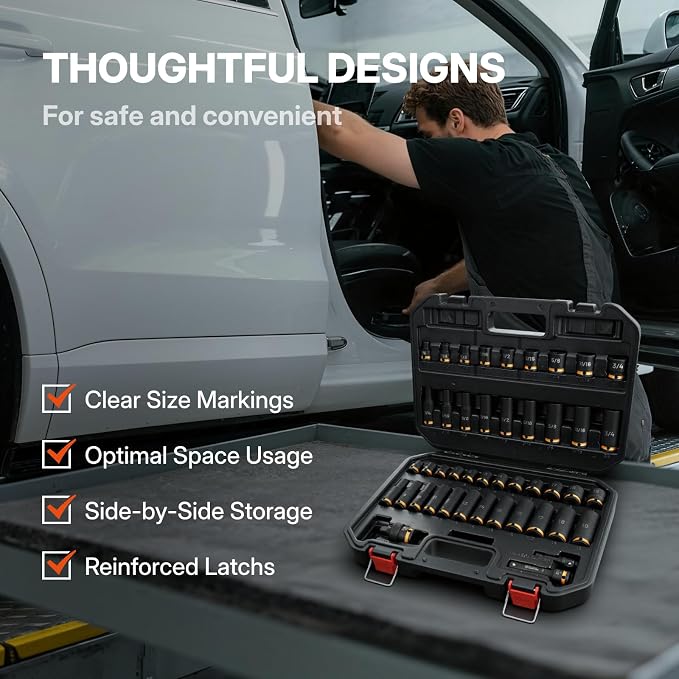 BLACK CANYON 45-Piece 3/8" Drive Impact Socket Set, SAE & Metric Deep and Shallow 6-Point Sockets, Cr-Mo Impact Grade Steel with Extension Bar, Adapter & Storage Case for Auto Repair