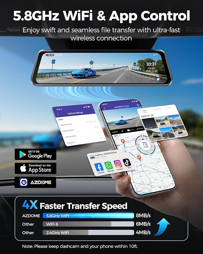 AZDOME 4K+2.5K Mirror Dash Cam with AR effects, ADAS, BSD & LCA Rear View Mirror Camera, 12" Rearview Mirror Camera, 5.8GHz WiFi, Voice Control, GPS, backup camera mirror Includes 64GB Card (PG17 Max)