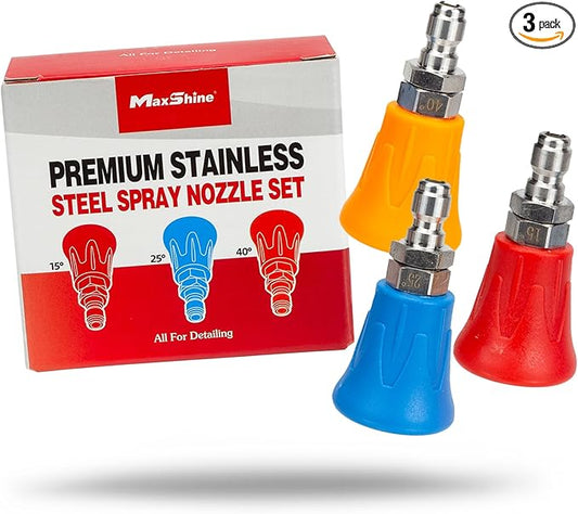 Maxshine Premium Stainless Steel Spray Nozzle Set | Universal ¼″ Quick-Connect Nozzles (15°, 25°, 40°) in Protective Rubber Housing | Durable, Leak-Free Professional Car Wash Accessory