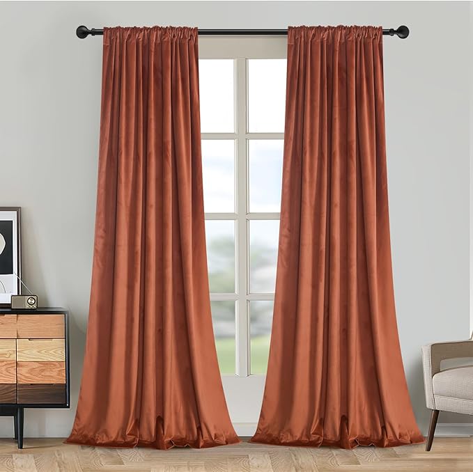 Roslynwood Luxury Soft Pumpkin Velvet Curtains 84 inches Long Back Tab Thermal Insulated Blackout Window Drapes for Living Room/Bedroom/Dining Room, W52 x L84, 2 Panels