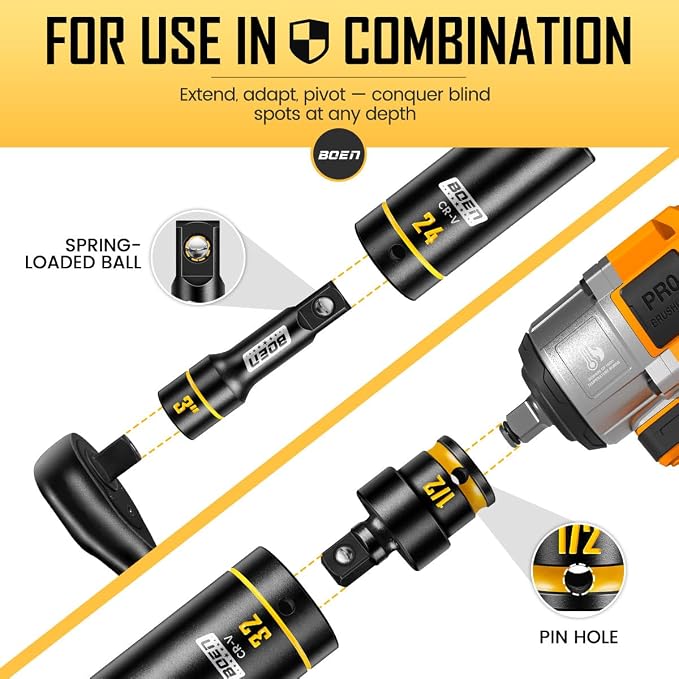BOEN 1/2" Drive Impact Socket Set, 50-Piece Metric (8-32mm) Deep & Standard Sockets with Paint-Filled Markings, Includes Extensions, Adapter & Universal Joint