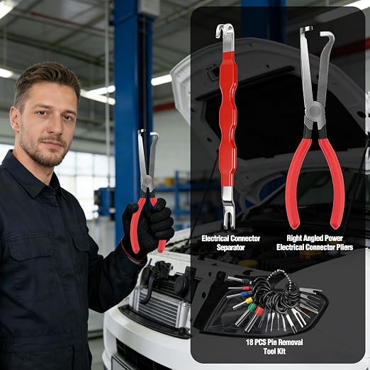 Automotive Tools Electrical Disconnect Pliers & Connector Separator with 18-Piece Terminal Removal Tool Kit for Car Wiring, Battery Terminals and Spark Plug Wires