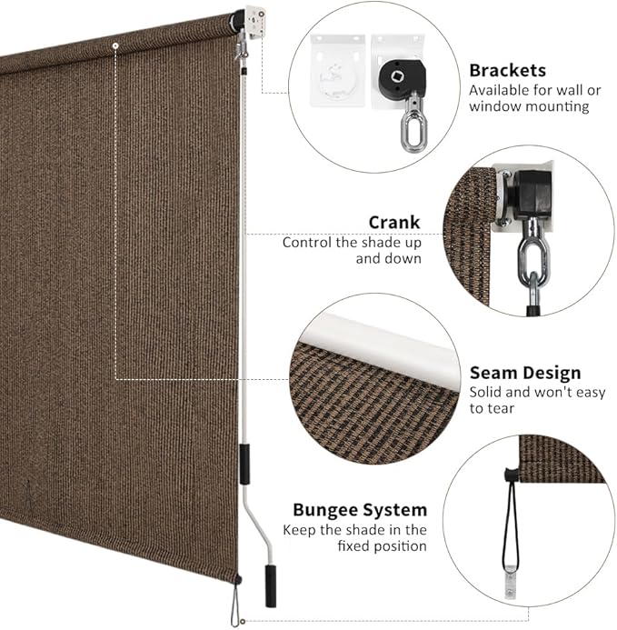 SMONTER Outdoor Sunshade Roller Shade 5'W x 6'H (60" Wx72 H), Exterior Cordless Roll Up Shades Blinds, UV Protection Shade Cloth with Crank Operation for Outside Windows Patio Porch Gazebo, Mocha