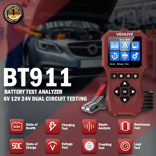 Car Battery Tester 6V 12V 24V with Lithium Battery Testing, BT911 5-3000CCA Automotive 12V&24V Dual Circuit Testing, Load/Alternator Tester, Charging Cranking System Tester for All Car Motorcycle Boat