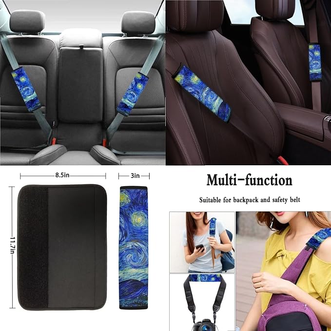 Suobstales Starry Night Print Car Seat Covers Full Set for Women Girly Seat Cover Protector Auto Decorative with Steering Wheel Cover +Seat Belt Covers +Coasters +Keychains