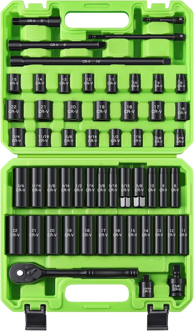 Reniteco 56-Piece 3/8" Drive Socket Set, SAE (5/16"-3/4") & Metric (8mm-22mm), Deep & Shallow, Ratchet Handle, Extension Bars, Adapter, Universal Joint, Power Drill Adapters, Spark Plug Sockets, CR-V