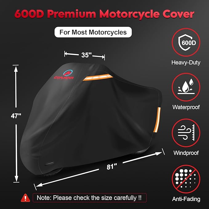 Comnova Motorcycle Cover 81 Inch - 600D Waterproof Outdoor Motorcycle Cover with Lock Hole, Powersports Vehicle Covers with All-Season Protection for Motorcycles