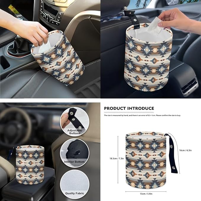 Beige Southwest Aztec Boho Car Accessories Car Seats Cover Protector, Steering Wheel Covers, Seatbelt Cover, Car Trash Can, Cup Coasters, Rearview Mirror Cover, Keychains, Pack of 15