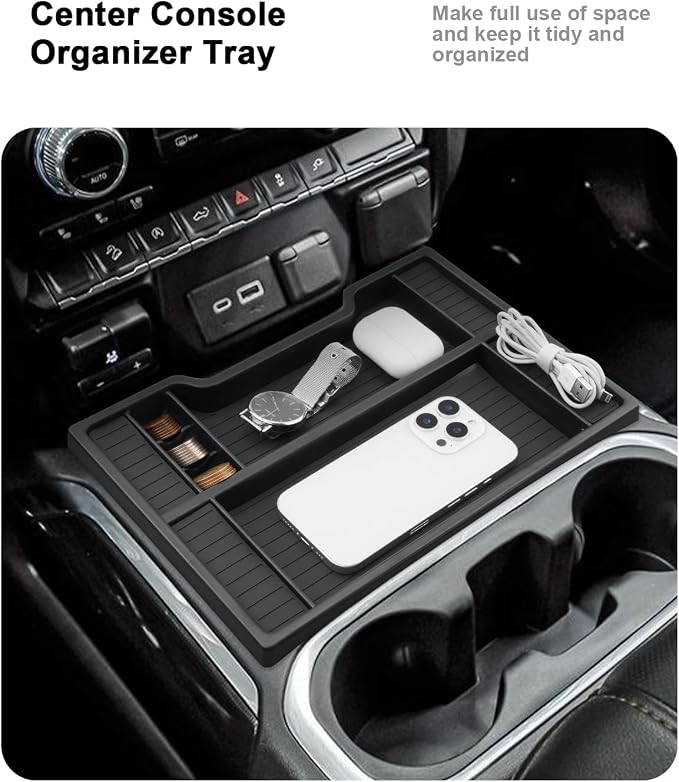 Center Console Organizer Set For 2019-2022 Chevy Silverado 1500/GMC Sierra 1500 & 2020-2023 Silverado/Sierra 2500HD/3500HD Accessories - 2 Pcs Storage Tray Only Fit Full Console w/Bucket Seats(Black)