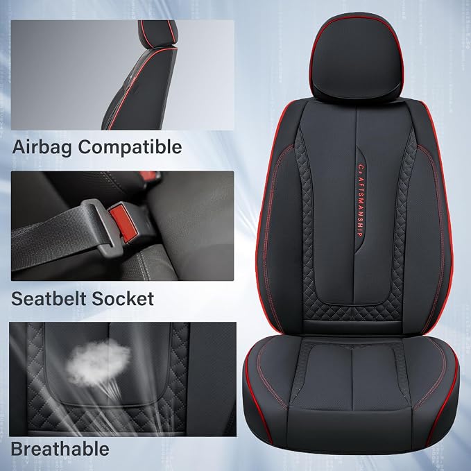 Coverado Car Seat Cover Full Set, Red Seat Covers Front Seats Back Seat Covers, Nappa Leather Waterproof, Car Seat Cushion, Car Seat Protector Universal Fit Most Cars