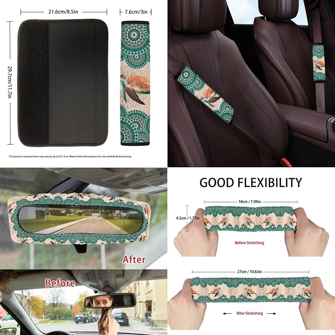 Suobstales Boho Mandala Turtle Print 13 PCS Car Accessories Auto Seat Covers Set with Steering Wheel Cover, Seatbelt Pads, Trash Can, Rearview Mirror Cover, Coasters, Keychain for SUV Trunk Sedan