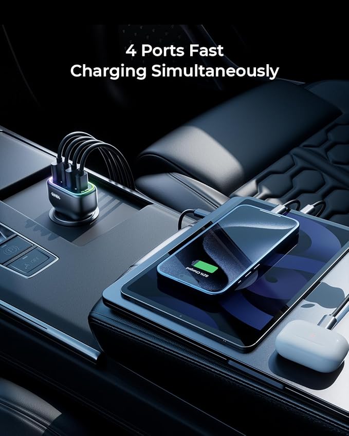 USB C Car Charger, 126W [Dual PD60W&QC30W] Cigarette Lighter USB Car Charger Adapter Fast Charging 4 Ports Car Phone Charger for iPhone 17/16/15/14/13, Samsung Galaxy S25/S24Google Pixel Laptop